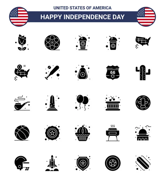 Conjunto Modern Solid Glyph Pack Mapa Dia Independência Dos Eua — Vetor de Stock