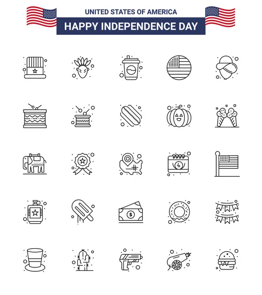 Pack Lignes Célébration Fête Indépendance Des États Unis Signes Symboles — Image vectorielle