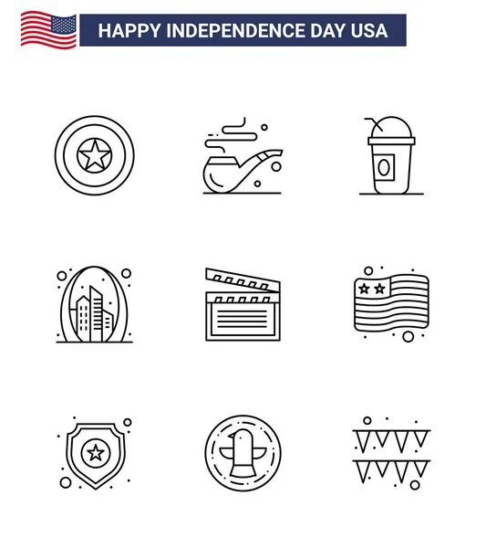 Happy Independence Day Pack Lines Signs Symbols Movis Usa American — Stock Vector
