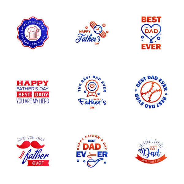 Happy Fathers Day Greeting Hand Lettering Badges Blue Red Typo — Stock Vector