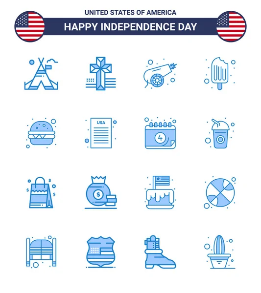 Happy Independence Day Pacchetto Blues Icon Pasto Web Stampa Hamburger — Vettoriale Stock