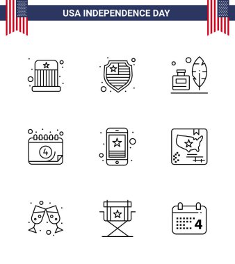 Akıllı telefon, cep telefonu, tüy, gün, takvim düzenlenebilir ABD Günü Vektör Tasarım Elemanları için Amerikan Sembolleri Bağımsızlık Günü İşaretleri kümesi