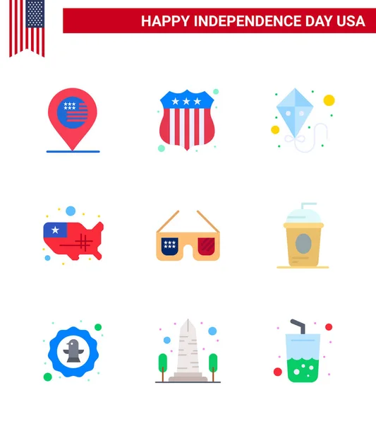 Usa Happy Independence Daypictogram Set Simple Flats Usa Glasses Summer — 스톡 벡터