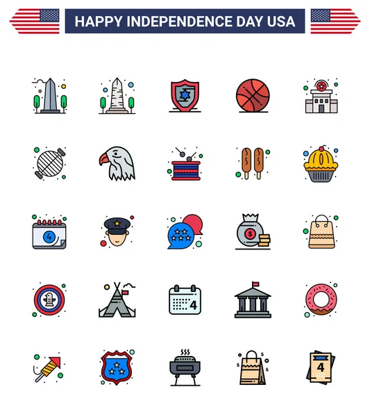 Modern Flat Filled Lines Pack Usa Independence Day Barbecue 표지판 — 스톡 벡터