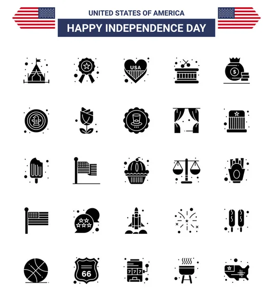 Feliz Dia Independência Julho Conjunto Solid Glyph American Pictograph American — Vetor de Stock