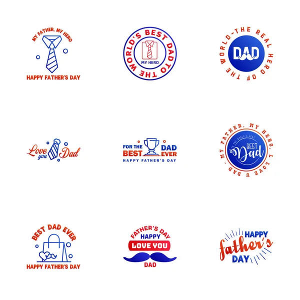 Happy Fathers Day Greeting Hand Lettering Badges Blue Red Typo — Stock Vector