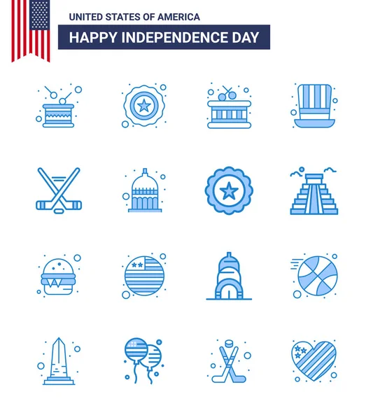 Happy Independence Day Pack Blues Signs Symbols Sport Hokey Drum — Stock Vector