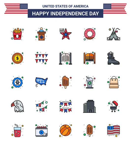 Happy Independence Day Usa Pack Creative Flat Filled Lines American — 스톡 벡터