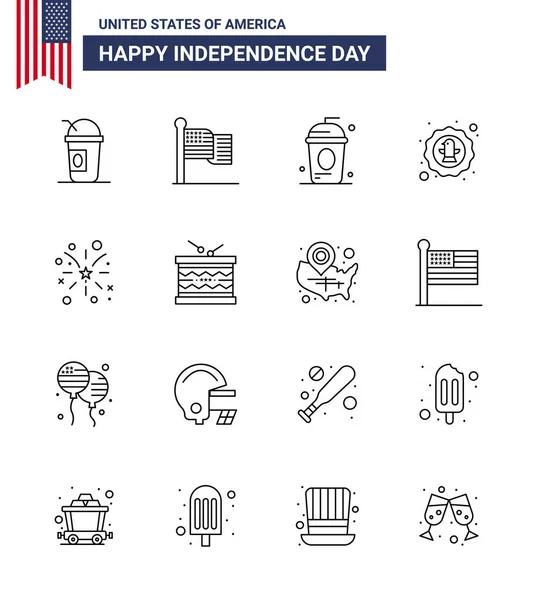 Happy Independence Day Lines Icon Pack Web Print Badge Celebration — Stock Vector