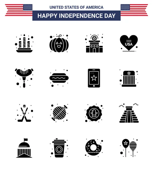 16Er Pack Usa Independence Day Celebration Solide Glyphen Zeichen Und — Stockvektor