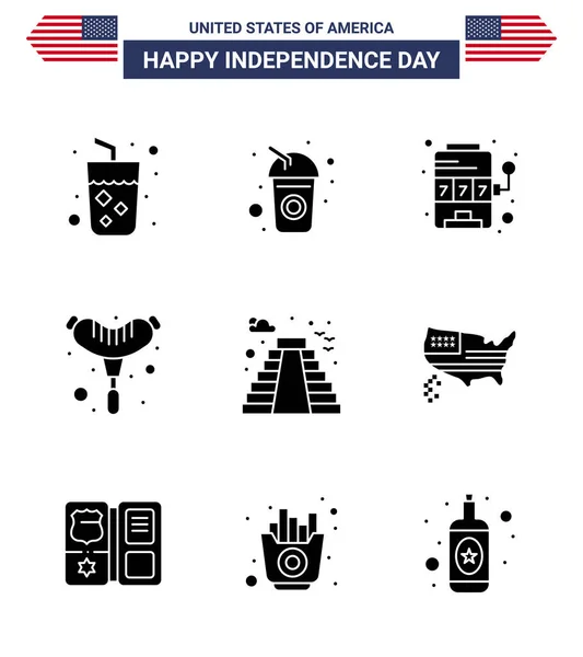 Set Vector Solid Glyphs 4Th July Usa Independence Day Landmark — Stock Vector