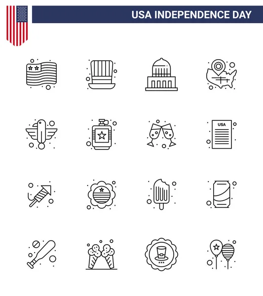 Usa Line Pack Independence Day Signes Symboles Animal Broche Localisation — Image vectorielle