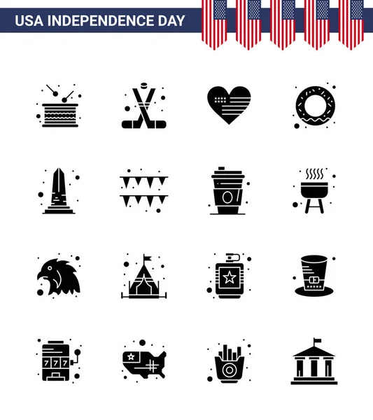 Set Vector Solid Glyphs 4Th July Usa Independence Day Landmark — Stock Vector