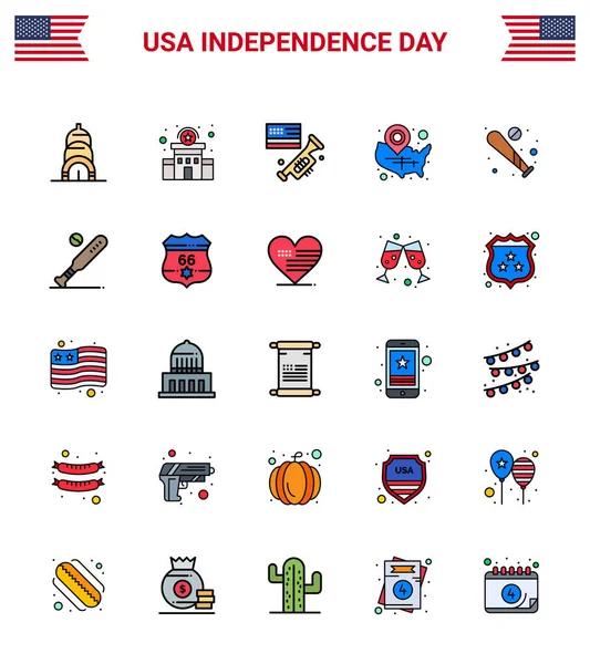 Usa Independence Day Flat Filled Line Set Usa Pictograms Baseball — 스톡 벡터
