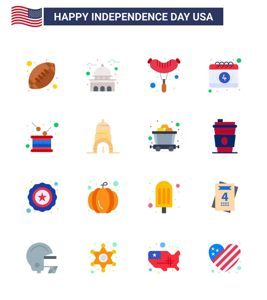 Usa Happy Independence Daypictogram Set Simple Flats Drum Day White — Stock Vector