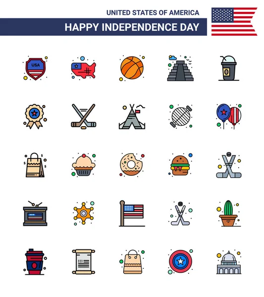 2015 Happy Independence Day Pack Flat Filled Lines Signs Symbols — 스톡 벡터