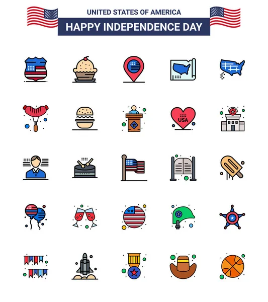 Usa Flat Filled Line Pack Independence Day Signs Symbols Food — 스톡 벡터