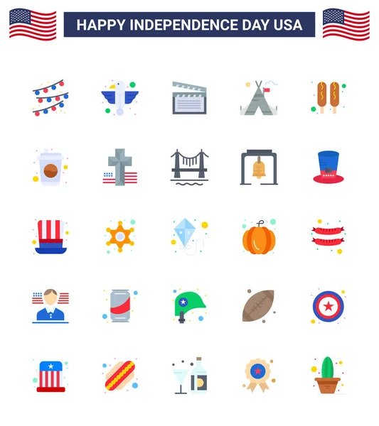 Usa Flat Signs Independence Day Celebrazione Simboli Hot Dog Americano — Vettoriale Stock