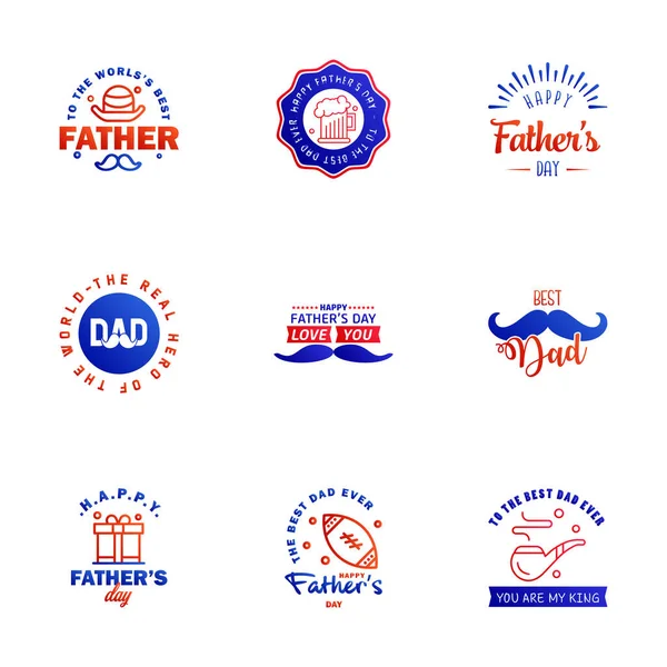 Szczęśliwego Dnia Ojcowie Pozdrawiają Ręcznie Pisane Odznaki Niebieski Czerwony Typo — Wektor stockowy