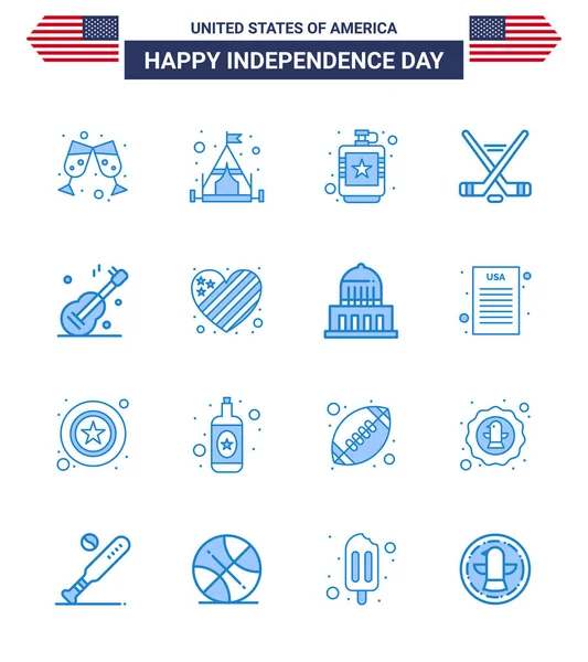 Usa Blue Pack Independence Day Signs Symbols Usa Guiter Flask — Stock Vector