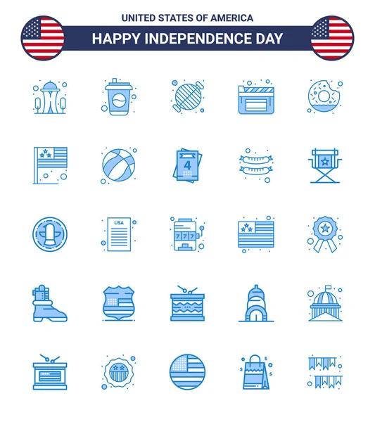 Usa Independence Day Blue Set Usa Pictogramas Redondo Filme Comida — Vetor de Stock