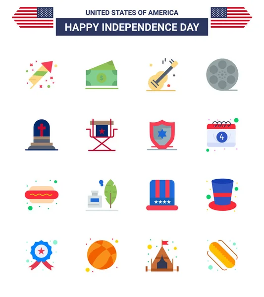 Usa Happy Independence Daypictogram Set Simple Flats Grave American Guiter — Stock Vector