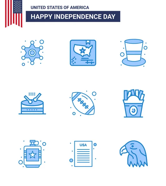 Blue Signs Usa Independence Day Rugby Parade American Music Drum — Stock Vector