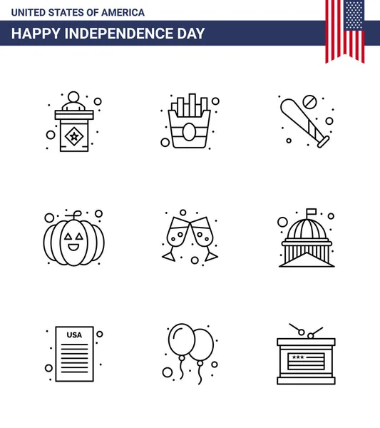 Usa Line Signs Independence Day Celebration Symbols Wine Glass Beer — Stock Vector