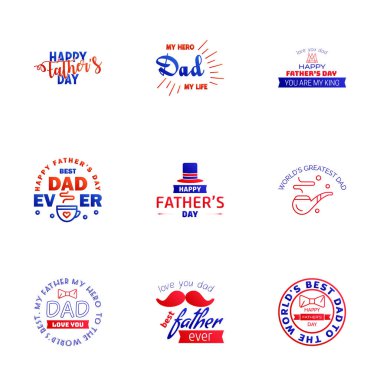 Mutlu babalar günü 9. Mavi ve kırmızı tipografi seti. Vektör tipografisi. Tebrik kartları için klasik harfler. Sancaklar. Tişört tasarımı. Sen en iyi babasın. Düzenlenebilir Vektör Tasarım Elementleri