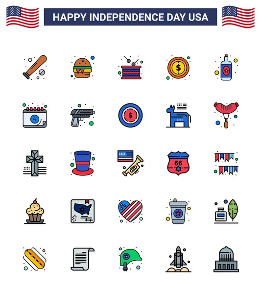 Usa Happy Independence Daypictogram Set Simple Flat Filled Lines Sign — Stock Vector
