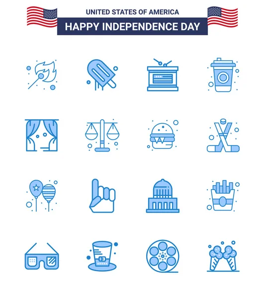 Usa Happy Independence Daypictogramme Set Blues Simples Théâtre Divertissement Tambour — Image vectorielle