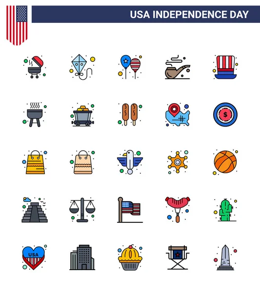 Set Líneas Llenas Planas Modernas Usa Independence Day Sombrero Día — Vector de stock