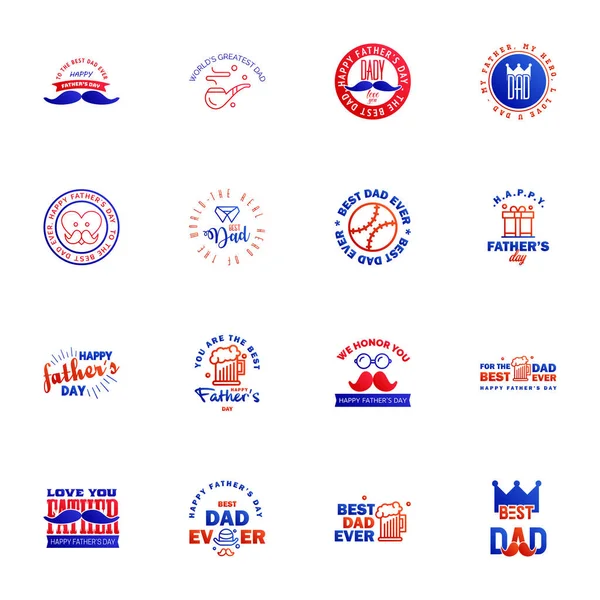 Happy Fathers Day Blue Red Typography Set Vector Emblems Lettering — Stock Vector