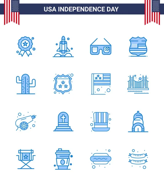 Set Modern Blues Pack Usa Independence Day Cactus Usa Usa — Stock Vector