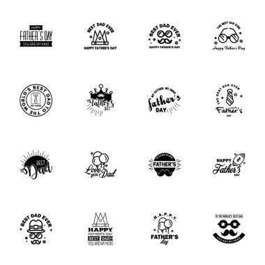 Mutlu Babalar Günü Kaligrafi tebrik kartı 16 Siyah Tipografi Koleksiyonu. Vektör çizimi. Düzenlenebilir Vektör Tasarım Elementleri