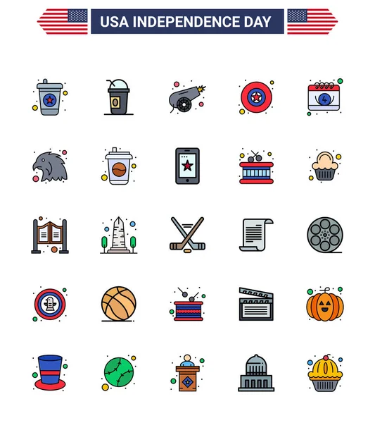 Flat Filled Line Signs Usa Independence Day Calendar Canon American — 스톡 벡터