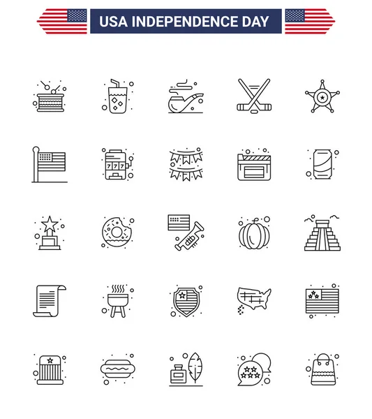 Usa Independence Day Line Lot Pictogrammes Police Américaine Vin Sport — Image vectorielle