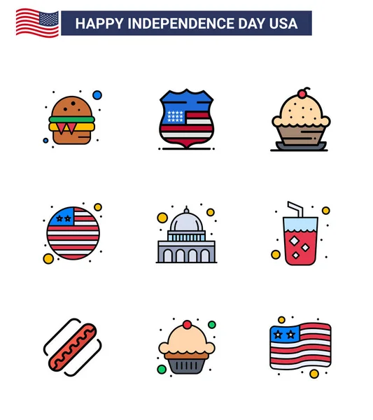 Eua Flat Filled Line Pack Independence Day Sinais Símbolos Madison — Vetor de Stock