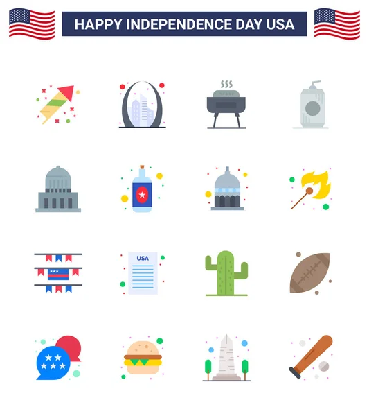 Happy Independence Day Pack Flats Signs Symbols Building Drink Usa — Stock Vector