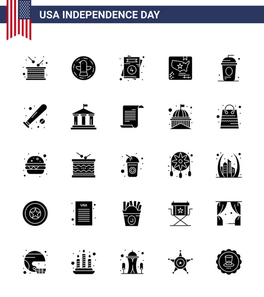 Usa Independence Day Solid Glyph Set Usa Pictograms Cake Map — Stock Vector