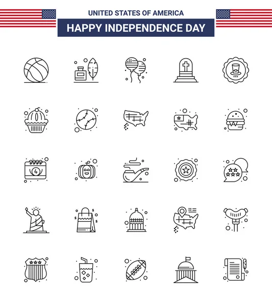 Line Pack Usa Independence Day Symboly Nápojů Rip Bloon Náhrobek — Stockový vektor