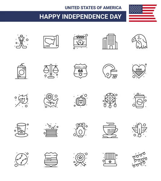 Happy Independence Day Pack Lines Signs Symbols Eagle Animal American — Stock Vector