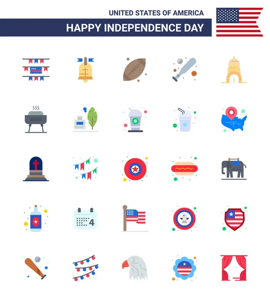 Pack Usa Independence Day Celebration Flats Signs 4Th July Symbols — Stock Vector