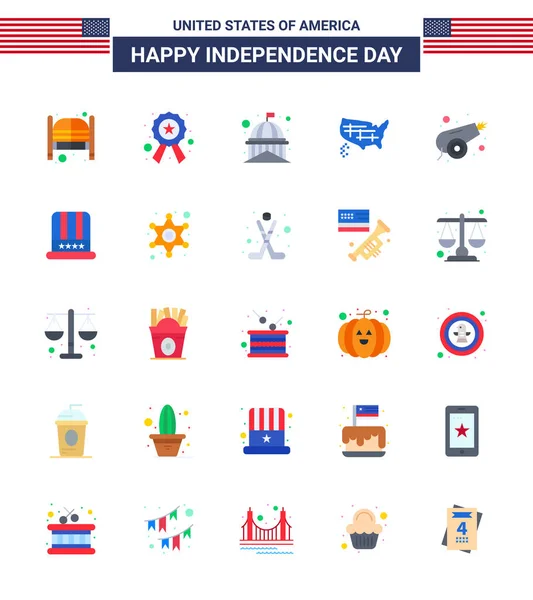 Płaskie Opakowanie Usa Dzień Niepodległości Symbole Usa Stany Znak Mapa — Wektor stockowy