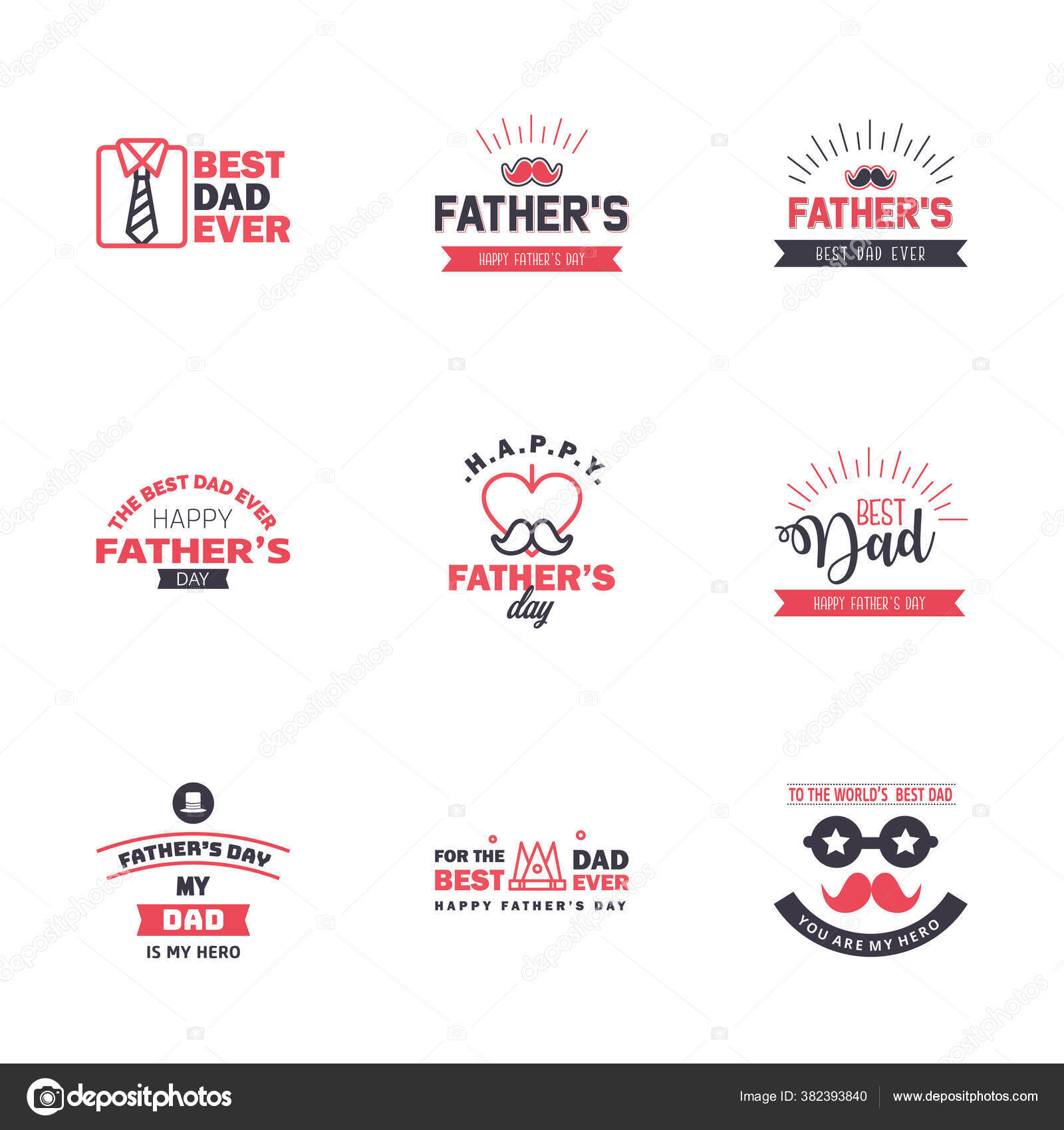 幸せな父の日グリーティングカード 9黒とピンクハッピー父親の日カードヴィンテージレトロタイプのフォント編集可能なベクトルデザイン要素 ストックベクター C Flatart