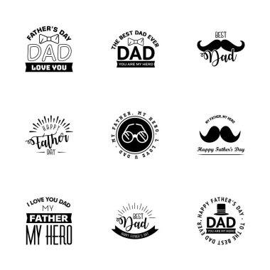 Babalar Günü 'nüz kutlu olsun. Rozetlerde 9 Black Typo yazıyor. Beyaz üzerine izole edilmiş. Poster için tipografi tasarım şablonu. Pankart. Hediye kartı. Gömlek izi. Etiket çıkartması. Retro vintage tarzı. Vektör illüstrasyonu Düzenlenebilir Vektör Tasarım Elemanları