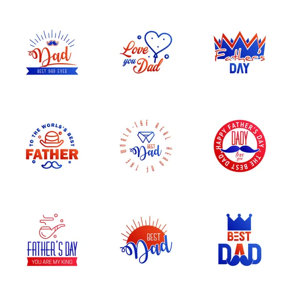 Happy Fathers Day Blue Red Typography Set Vector Emblems Lettering — Stock Vector