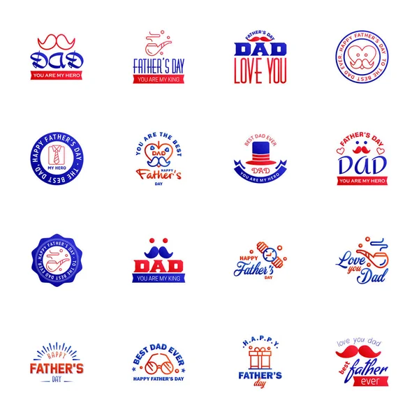 Happy Fathers Day Greeting Hand Lettering Badges Blue Red Typo — Stock Vector