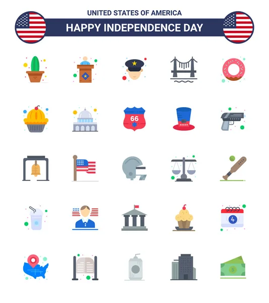 Usa Happy Independence Daypiktogrammset Mit Einfachen Wohnungen Donut Mann Stadtbild — Stockvektor