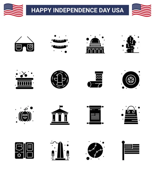 Solid Glyph Pack Usa Independence Day Symboly Tyčinek Buben Madison — Stockový vektor